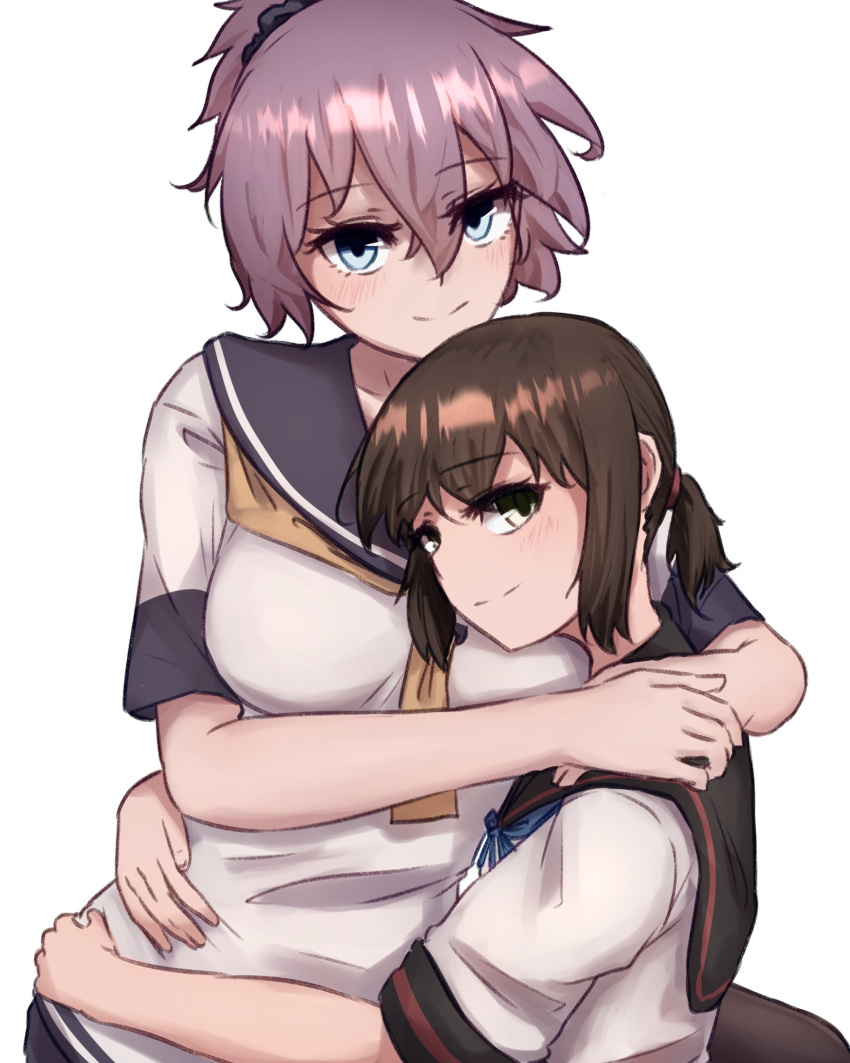 2girls absurdres aoba_(kancolle) black_hair black_sailor_collar blue_eyes blue_neckerchief brown_eyes fubuki_(kancolle) fubuki_kai_ni_(kancolle) grey_sailor_collar highres hug ikadamo kantai_collection looking_at_viewer medium_hair messy_hair multiple_girls neckerchief ponytail purple_hair sailor_collar sailor_shirt scrunchie shirt sidelocks simple_background white_background white_shirt yellow_neckerchief