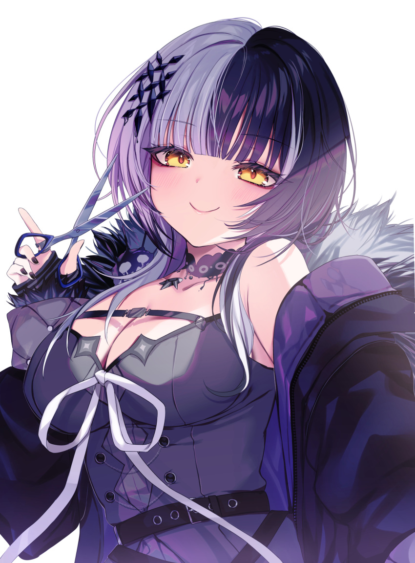 1girl absurdres bare_shoulders belt black_belt black_choker black_coat black_dress black_gloves black_hair black_nails blush breasts chest_belt choker cleavage closed_mouth coat commentary_request dress elbow_gloves fur-trimmed_coat fur_trim gloves grey_hair highres holding holding_scissors hololive hololive_english ineka_ka lace-trimmed_choker lace_trim large_breasts looking_at_viewer medium_hair multicolored_hair nail_polish scissors shiori_novella sleeveless sleeveless_dress smile solo split-color_hair striped striped_gloves virtual_youtuber yellow_eyes yorick_(shiori_novella)