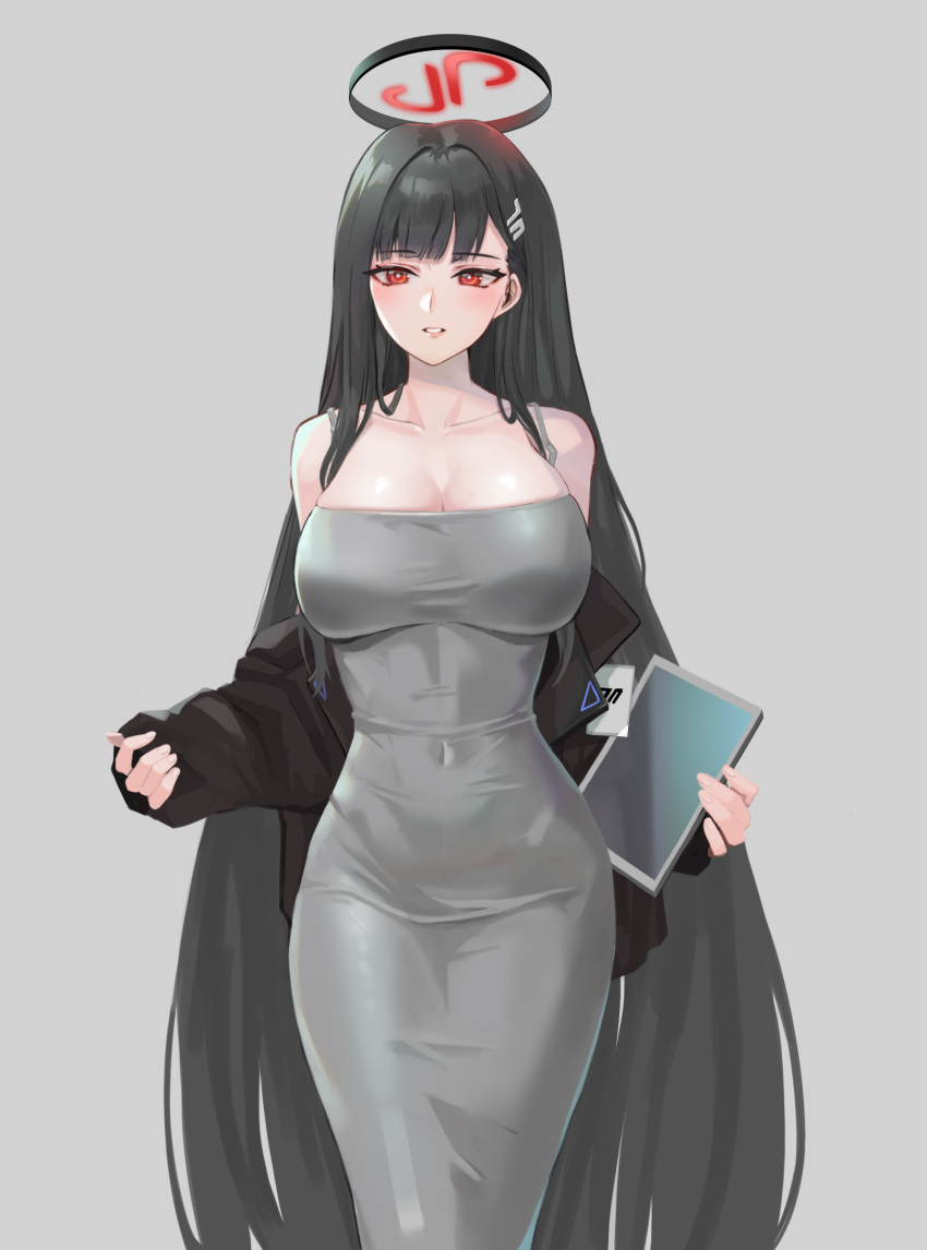 1girl black_hair blue_archive breasts cleavage collarbone covered_navel dress grey_background grey_dress hair_ornament hairclip highres holding holding_tablet_pc large_breasts lion_(dielion) long_hair red_eyes rio_(blue_archive) simple_background sleeveless sleeveless_dress solo standing tablet_pc very_long_hair