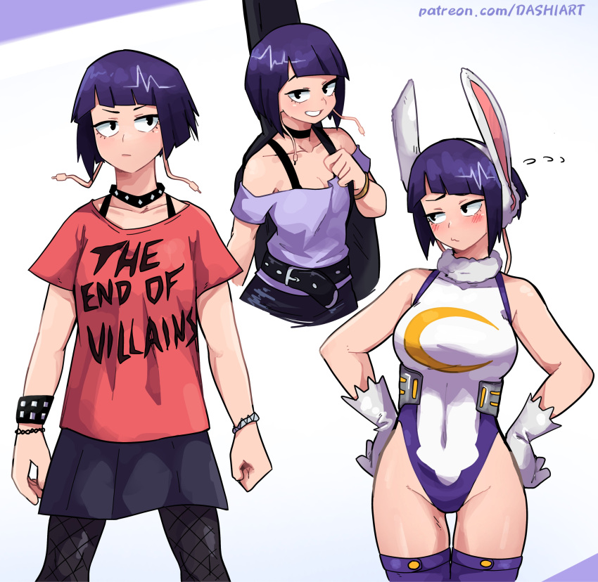 1girl :/ absurdres animal_ears artist_name audio_jack averting_eyes bare_shoulders belt black_belt black_choker black_eyes black_skirt blunt_bangs blush boku_no_hero_academia bra_strap bracelet breasts choker cleavage closed_mouth clothes_writing collar collarbone cosplay crescent_print cropped_torso dashi diagonal_bangs embarrassed english_text fake_animal_ears fishnet_pantyhose fishnets flying_sweatdrops fur_collar gloves grin guitar_case hands_on_own_hips highleg highleg_leotard highres instrument_case jewelry jirou_kyouka leotard long_earlobes looking_at_viewer medium_breasts mirko mirko_(cosplay) multiple_views off-shoulder_shirt off_shoulder pantyhose patreon_username pleated_skirt print_leotard purple_hair purple_shirt purple_thighhighs rabbit_ears red_shirt shirt short_hair short_sleeves skirt sleeveless_turtleneck_leotard smile studded_bracelet studded_collar thigh_gap thighhighs turtleneck_leotard v-shaped_eyebrows wavy_mouth web_address white_background white_gloves white_leotard