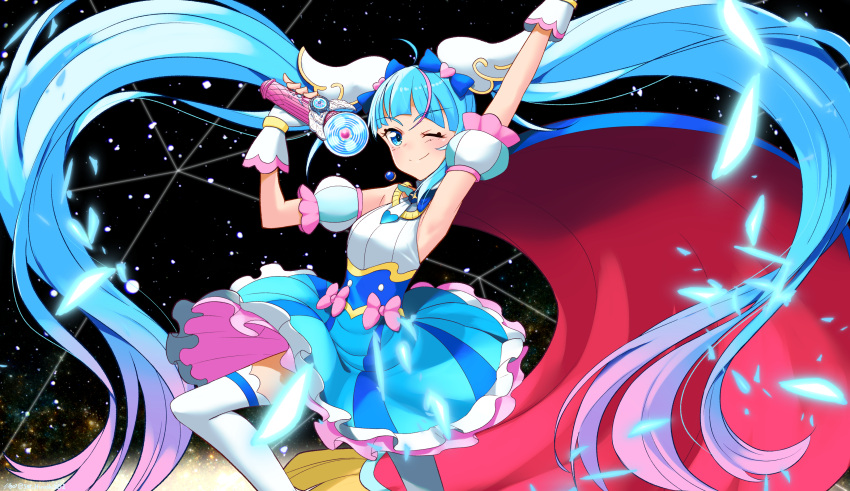 1girl ;) absurdres ahoge arm_up blue_cape blue_dress blue_eyes blue_hair brooch cape commentary_request cure_sky cut_bangs detached_sleeves dress earrings fingerless_gloves frilled_dress frills gloves gradient_hair highres hirogaru_sky!_precure hiroshi_(hunter-of-kct) holding jewelry jumping leg_up light_particles long_hair looking_at_viewer magical_girl medium_dress multicolored_hair one_eye_closed partial_commentary pink_hair precure puffy_detached_sleeves puffy_sleeves red_cape sky_mirage sleeveless sleeveless_dress smile solo sora_harewataru streaked_hair thighhighs twintails two-sided_cape two-sided_fabric very_long_hair white_gloves white_thighhighs wing_hair_ornament