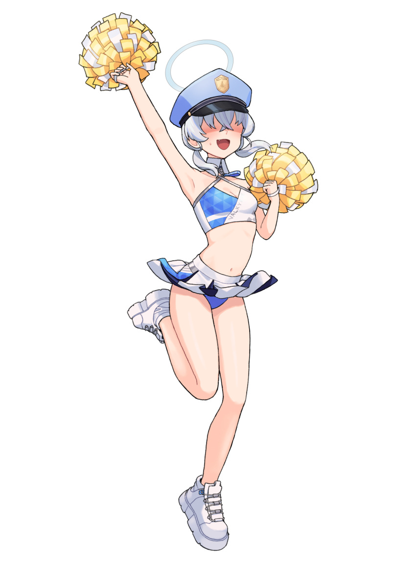 1girl absurdres alternate_costume arm_up armpits blue_archive blue_hair blue_panties breasts cheerleader chuo8008 cleavage eyes_in_shadow fang full_body halo hat highres holding holding_pom_poms light_blue_hair millennium_cheerleader_outfit_(blue_archive) miniskirt navel outstretched_arm panties peaked_cap pom_pom_(cheerleading) shoes simple_background skirt small_breasts smile sneakers solo standing standing_on_one_leg sweatdrop twintails underwear valkyrie_police_academy_student_(blue_archive) white_background