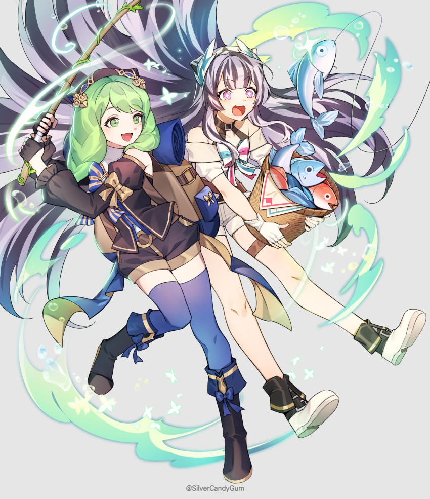 2girls absurdres artist_name bare_shoulders basket black_hair boots commission drill_hair feather_hair_ornament feathers fire_emblem fire_emblem:_three_houses fire_emblem_engage fire_emblem_heroes fish fishing_rod flayn_(fire_emblem) full_body green_eyes green_hair grey_hair hair_ornament highres holding holding_basket long_hair long_sleeves looking_at_viewer multicolored_hair multiple_girls open_mouth petite pixiv_commission purple_eyes shorts silvercandy_gum simple_background smile thigh_strap thighhighs two-tone_hair very_long_hair veyle_(fire_emblem)