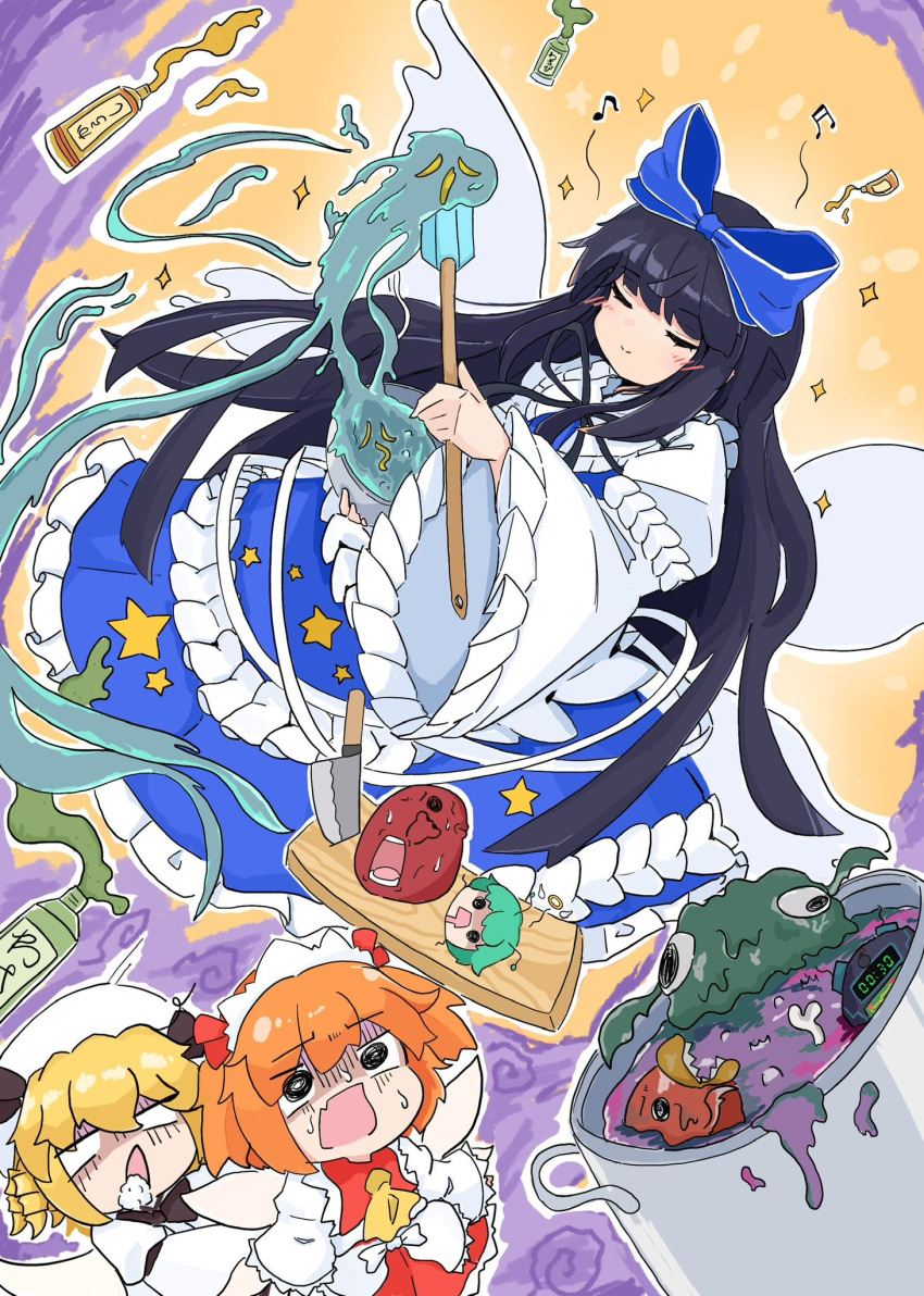 3girls bad_food black_hair blonde_hair blue_bow blue_dress blush bottle bow closed_eyes closed_mouth cooking_pot dress eighth_note fairy fairy_wings frilled_sleeves frills hair_bow hat headdress highres holding knife long_hair long_sleeves luna_child multiple_girls musical_note open_mouth orange_hair red_dress short_hair smile star_sapphire sunny_milk tatutaniyuuto touhou two_side_up white_dress white_headwear wide_sleeves wings
