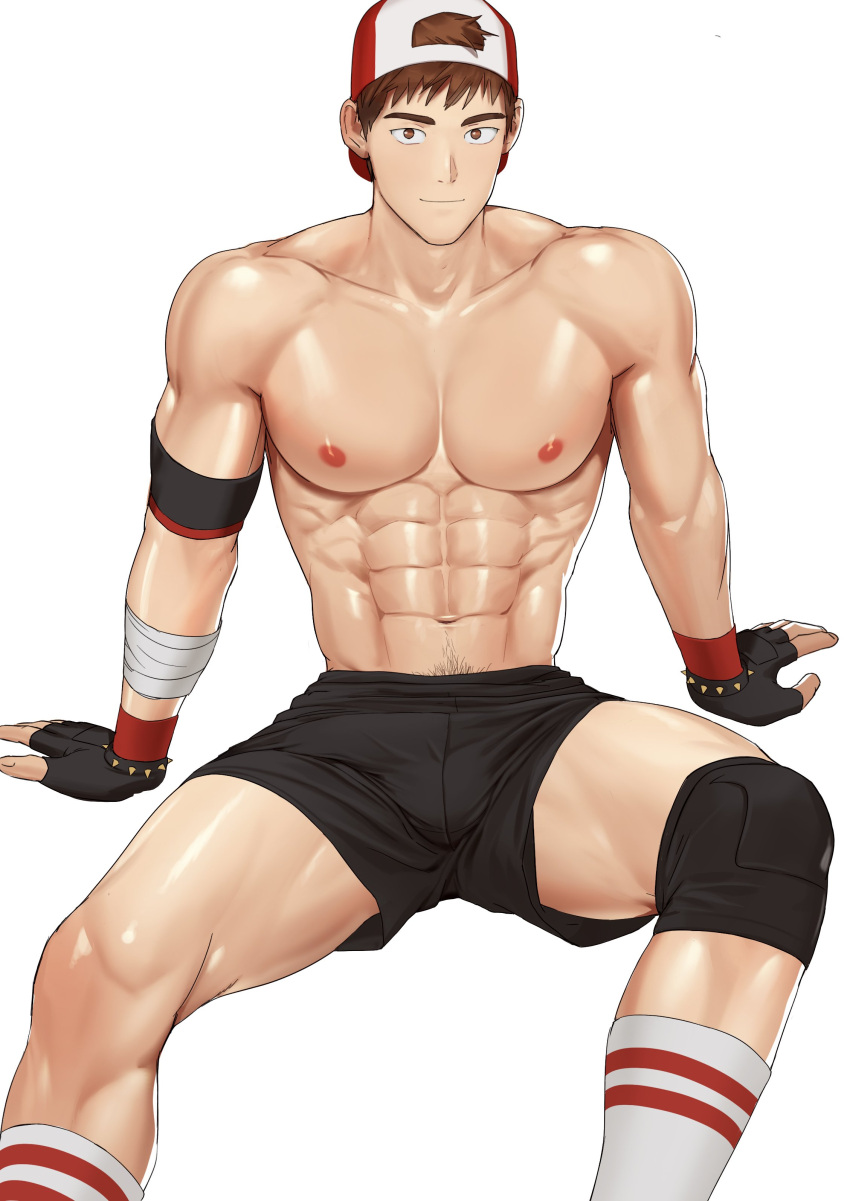 1boy abs absurdres armband backwards_hat bandaged_arm bandages bara baseball_cap beom_liben black_gloves black_shorts bracelet brown_eyes brown_hair bulge fingerless_gloves gloves hat highres jewelry knee_pads kneehighs large_pectorals looking_at_viewer male_focus muscular muscular_male naoki_(xhju8282) navel navel_hair nipples original pectorals short_hair shorts single_knee_pad sitting smile socks solo spiked_bracelet spikes thick_thighs thighs topless_male white_background