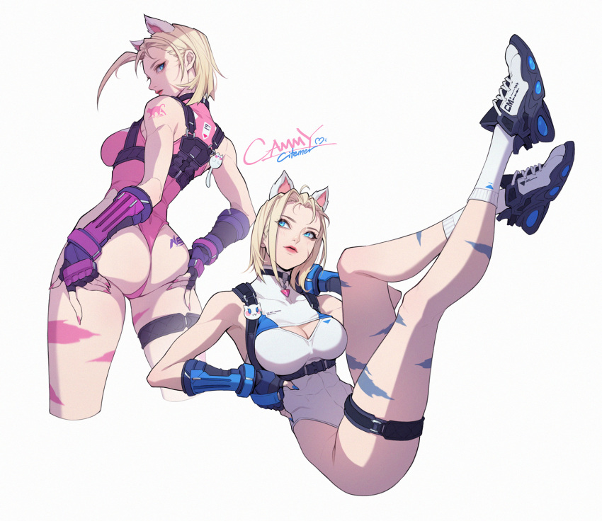 1girl ahoge alternate_costume animal_ears artist_name ass black_gloves blonde_hair blue_eyes blue_nails breasts cammy_white cat_ears character_name citemer cleavage commentary facial_mark fingerless_gloves fingernails from_behind full_body gloves highres legs light_blush multiple_views nail_polish pink_nails short_hair simple_background street_fighter thighs whisker_markings white_background