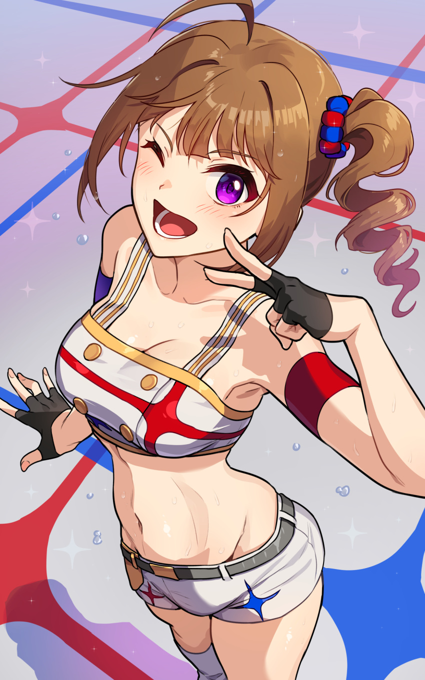 1girl ahoge bare_shoulders black_gloves blue_scrunchie blush breasts brown_hair cleavage collarbone commentary_request drill_hair drill_ponytail fingerless_gloves flying_sweatdrops gloves hair_ornament hair_scrunchie half_gloves highres idolmaster idolmaster_million_live! idolmaster_million_live!_theater_days kamille_(vcx68) looking_at_viewer medium_hair midriff navel one_eye_closed open_mouth print_scrunchie purple_eyes red_scrunchie scrunchie side_drill side_ponytail small_breasts smile solo standing sweat sweatdrop v yokoyama_nao