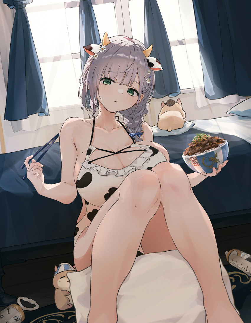1girl absurdres animal_ears animal_print apron baby_bottle bare_legs bed blush bottle bowl braid breasts chopsticks cow_ears cow_horns cow_print curtains die_suki fake_animal_ears fake_horns feet_out_of_frame flower food green_eyes grey_hair gyuudon hair_flower hair_ornament hair_ribbon highres holding holding_bowl holding_chopsticks hololive horns knees_up large_breasts legs looking_at_viewer medium_hair naked_apron open_mouth pillow rattle ribbon shirogane_noel single_braid sitting solo virtual_youtuber
