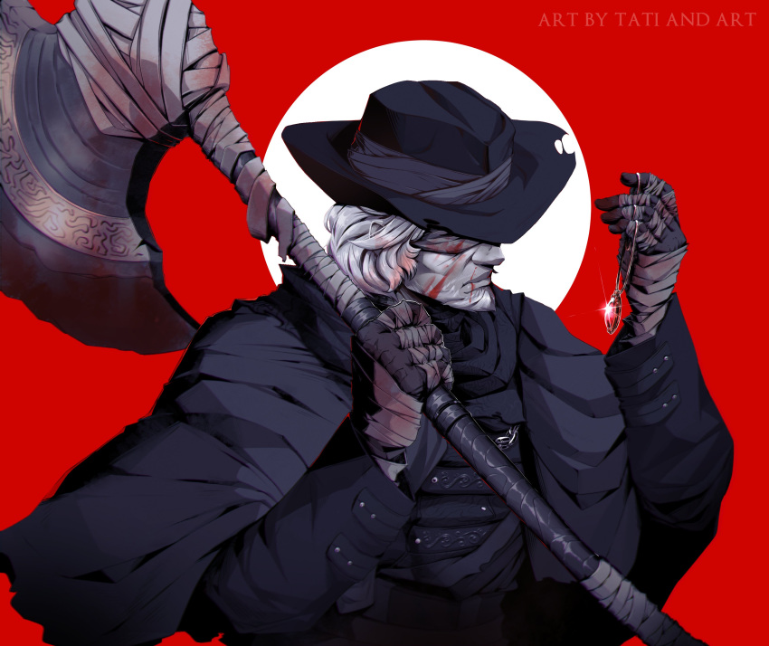 1boy absurdres artist_name axe bandaged_arm bandaged_hand bandages beard black_headwear blindfold blood bloodborne facial_hair father_gascoigne hat highres holding holding_axe holding_jewelry holding_necklace jewelry male_focus necklace pendant standing tatiandart1 weapon white_hair