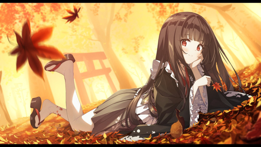 1girl arm_support autumn autumn_leaves black_hair black_kimono blunt_bangs closed_mouth commentary_request commission floral_print forest frilled_sleeves frills geta hand_on_own_cheek hand_on_own_face highres japanese_clothes kimono letterboxed long_hair long_sleeves looking_at_viewer lying maid nature obi obijime on_stomach original pleated_skirt red_eyes sash schatten skeb_commission skirt smile solo tabi thighhighs torii tree very_long_hair wa_maid white_thighhighs wide_sleeves