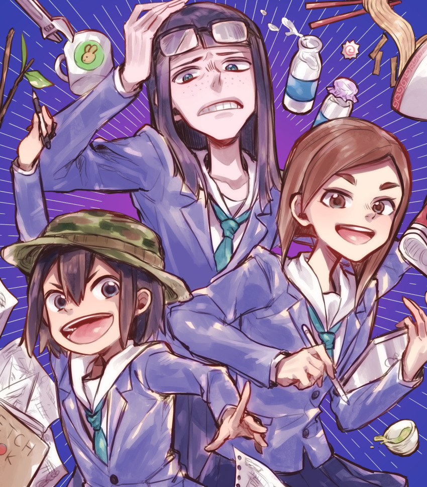 3girls :d adjustable_wrench aqua_necktie arm_up asakusa_midori black-framed_eyewear black_eyes black_hair blazer blue_background blue_eyes blue_jacket blue_skirt blunt_bangs bob_cut bottle bowl brown_eyes brown_hair bucket_hat camouflage camouflage_headwear chopsticks commentary cup drawing drink eizouken_ni_wa_te_wo_dasu_na! english_text excited eyewear_on_head food freckles frown furrowed_brow glasses gradient_background green_headwear green_tea grimace hair_between_eyes hand_on_own_head hand_on_own_hip hat height_difference highres holding holding_pencil holding_stylus holding_tablet_pc index_finger_raised inverted_bob ipad jacket kamaboko kanamori_sayaka long_hair looking_at_viewer looking_down milk milk_bottle minaramuda mizusaki_tsubame mug multiple_girls narutomaki necktie noodles notice_lines open_mouth outstretched_arm over-rim_eyewear pencil pleated_skirt purple_background ramen reaching reaching_towards_viewer rectangular_eyewear sailor_collar school_uniform semi-rimless_eyewear short_hair sketch sketchbook skirt smile standing stick stylus tablet_pc tea teacup teeth thick_eyebrows upper_body upper_teeth_only v-shaped_eyebrows white_sailor_collar wrench