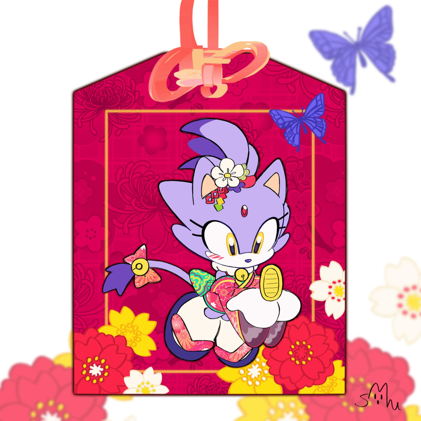 1girl absurdres animal_ears bell blaze_the_cat blush bug butterfly cat_ears cat_girl coin eyelashes flower forehead_jewel gold_coin hair_flower hair_ornament highres japanese_clothes neck_bell omamori ponytail purple_fur songsom_s2 sonic_(series) tabi tail tail_bell tail_ornament yellow_eyes