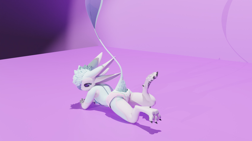 3d_(artwork) absurd_res anthro avali avali_(original) avian butt clothed clothing diaper diaper_fetish diaper_only digital_media_(artwork) featherless hi_res infantilism lying on_front pattern_diaper pose smile snowie1_(artist) snowie_(avali) solo topless wearing_diaper