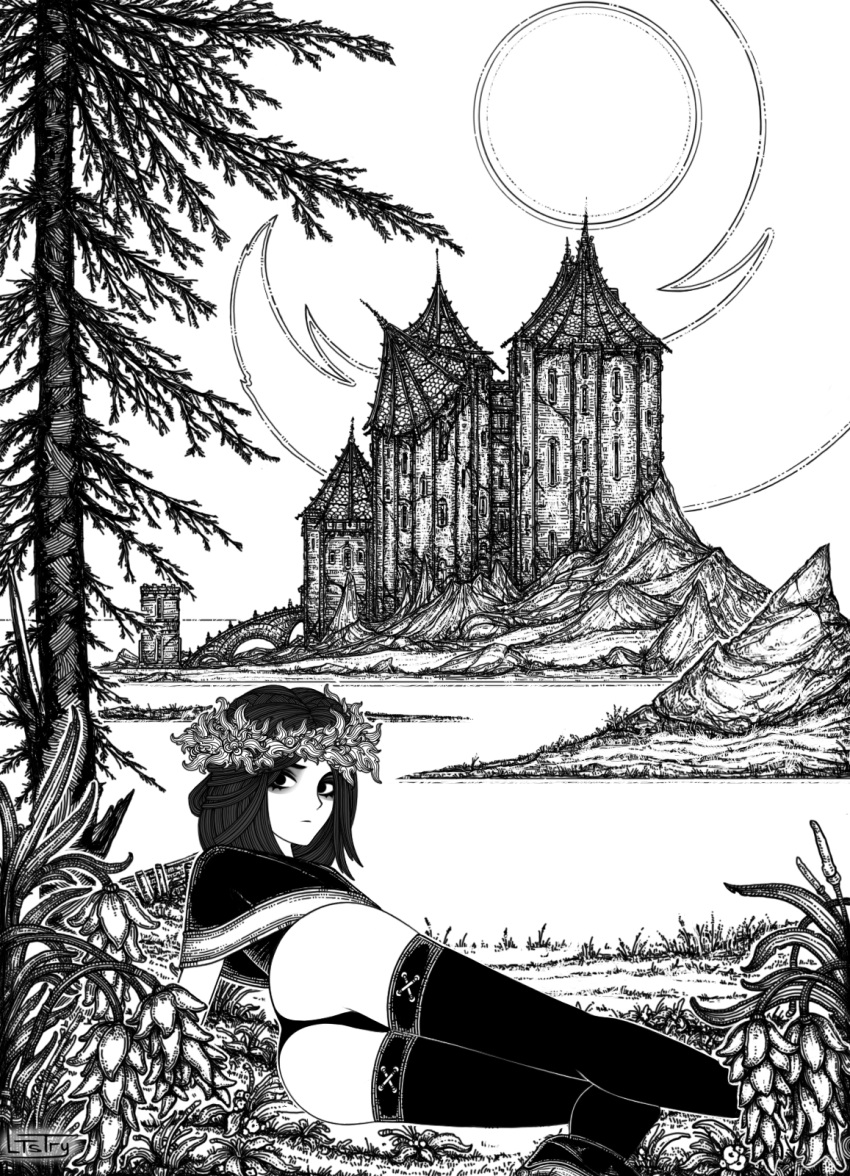 1girl black_eyes black_hair black_panties black_thighhighs castle character_request grass greyscale highres long_hair ltstry monochrome outdoors panties plant signature solo the_elder_scrolls the_elder_scrolls_v:_skyrim thighhighs tree underwear