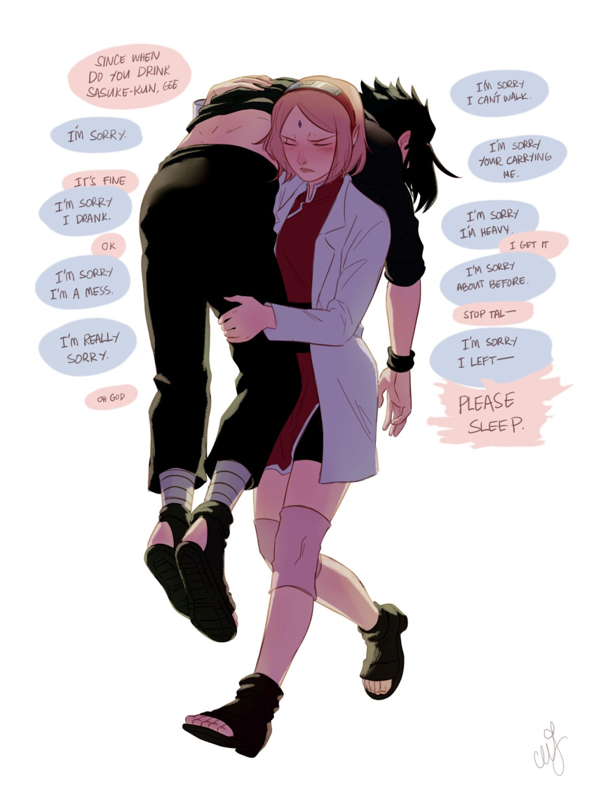 1boy 1girl black_hair black_wristband blush carrying carrying_over_shoulder carrying_person ceejles closed_eyes commentary english_text facial_mark forehead_mark forehead_protector frown hairband haruno_sakura highres husband_and_wife lab_coat naruto:_the_last naruto_(series) pink_hair red_hairband toeless_footwear uchiha_sasuke