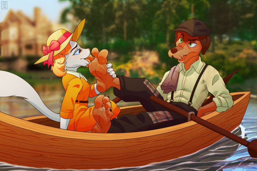 3rdharleyjoe anthro anthro_on_anthro barefoot boat bottomwear canid canine canis claws clothing domestic_cat domestic_dog dominant dominant_male duo feet felid feline felis female female_licking_male foot_fetish foot_grab foot_lick foot_play hair hat headgear headwear hi_res humanoid_feet licking long_hair looking_at_another male male/female mammal mostly_clothed pants paws plantigrade public soles submissive submissive_female teasing toe_claws toes tongue tongue_out vehicle water watercraft worship worshipping