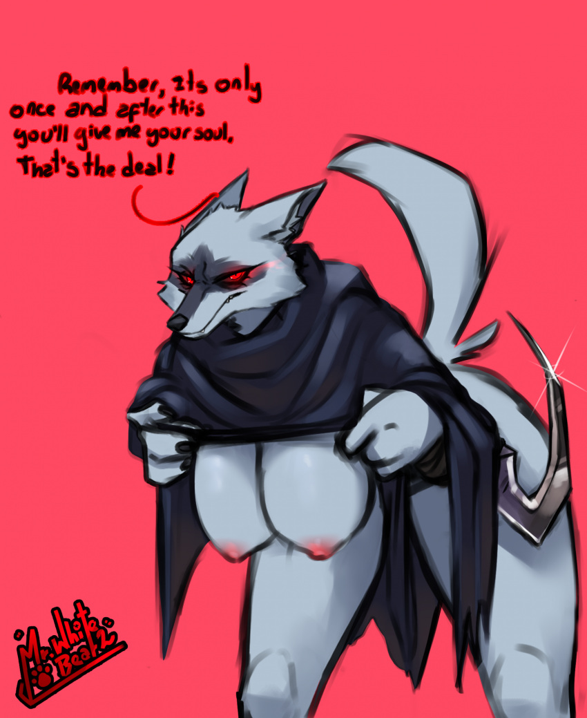 anthro bent_over big_breasts breasts canid canine canis clothed clothing crossgender death_(puss_in_boots) dialogue female fur hanging_breasts hi_res hooded_cloak mammal mr.whitebear mrwhitebear mtf_crossgender nipples partially_clothed red_eyes sickle simple_background solo white_body white_fur wolf