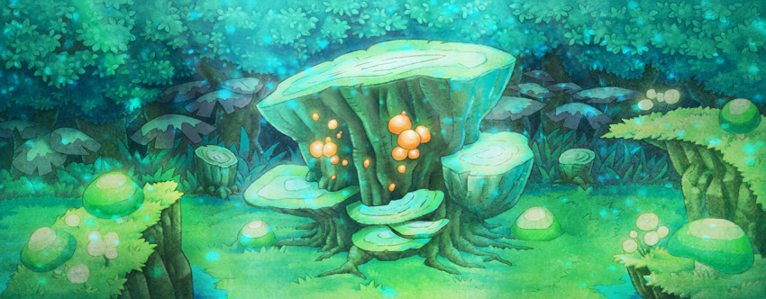 artist_request commentary day english_commentary forest fushigi_no_dungeon game_cg grass green_theme light_particles light_rays mushroom nature no_humans official_art outdoors pokemon pokemon_(game) pokemon_mystery_dungeon scenery sunlight third-party_source tree wide_shot