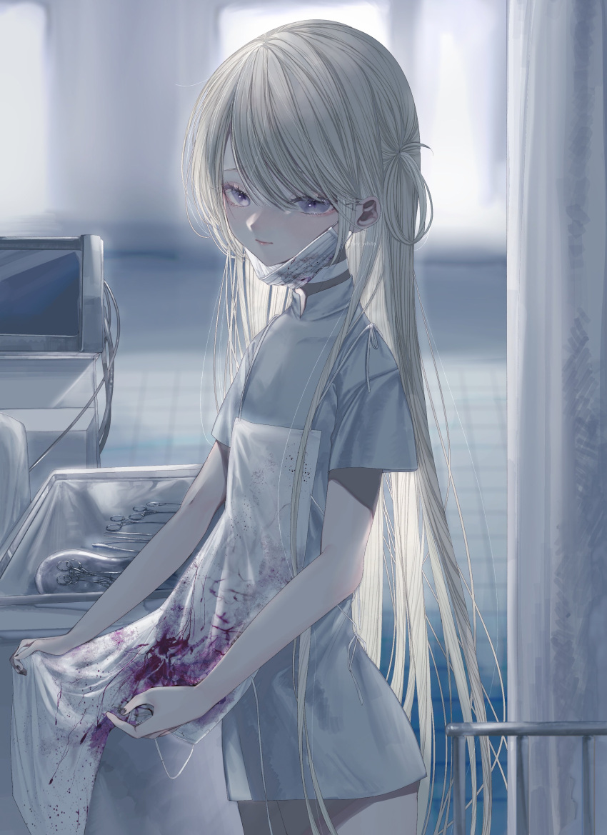 1girl absurdres apron blonde_hair blood blood_stain cowboy_shot hair_rings highres indoors long_hair looking_at_viewer mask mask_pull mouth_mask msa_(fary_white) nurse original purple_blood purple_eyes short_sleeves slit_pupils smile solo surgical_mask surgical_scissors upper_body very_long_hair white_apron