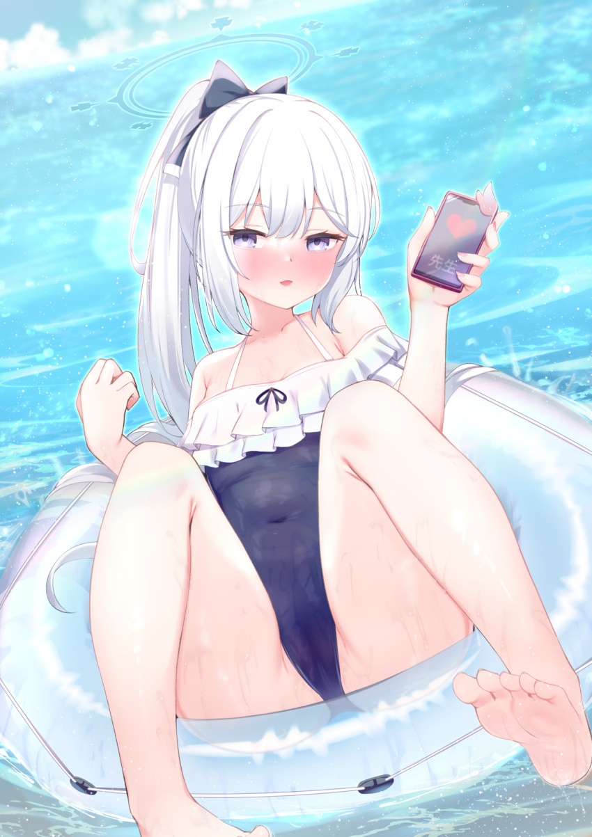 1girl barefoot blue_archive blue_halo blue_one-piece_swimsuit blush breasts cameltoe casual_one-piece_swimsuit cellphone collarbone covered_navel foot_out_of_frame frilled_one-piece_swimsuit frills gmkj hair_between_eyes halo heart highres holding holding_phone innertube long_hair looking_at_viewer miyako_(blue_archive) miyako_(swimsuit)_(blue_archive) off_shoulder official_alternate_costume one-piece_swimsuit parted_lips phone ponytail purple_eyes small_breasts smartphone soles solo swimsuit toes white_hair