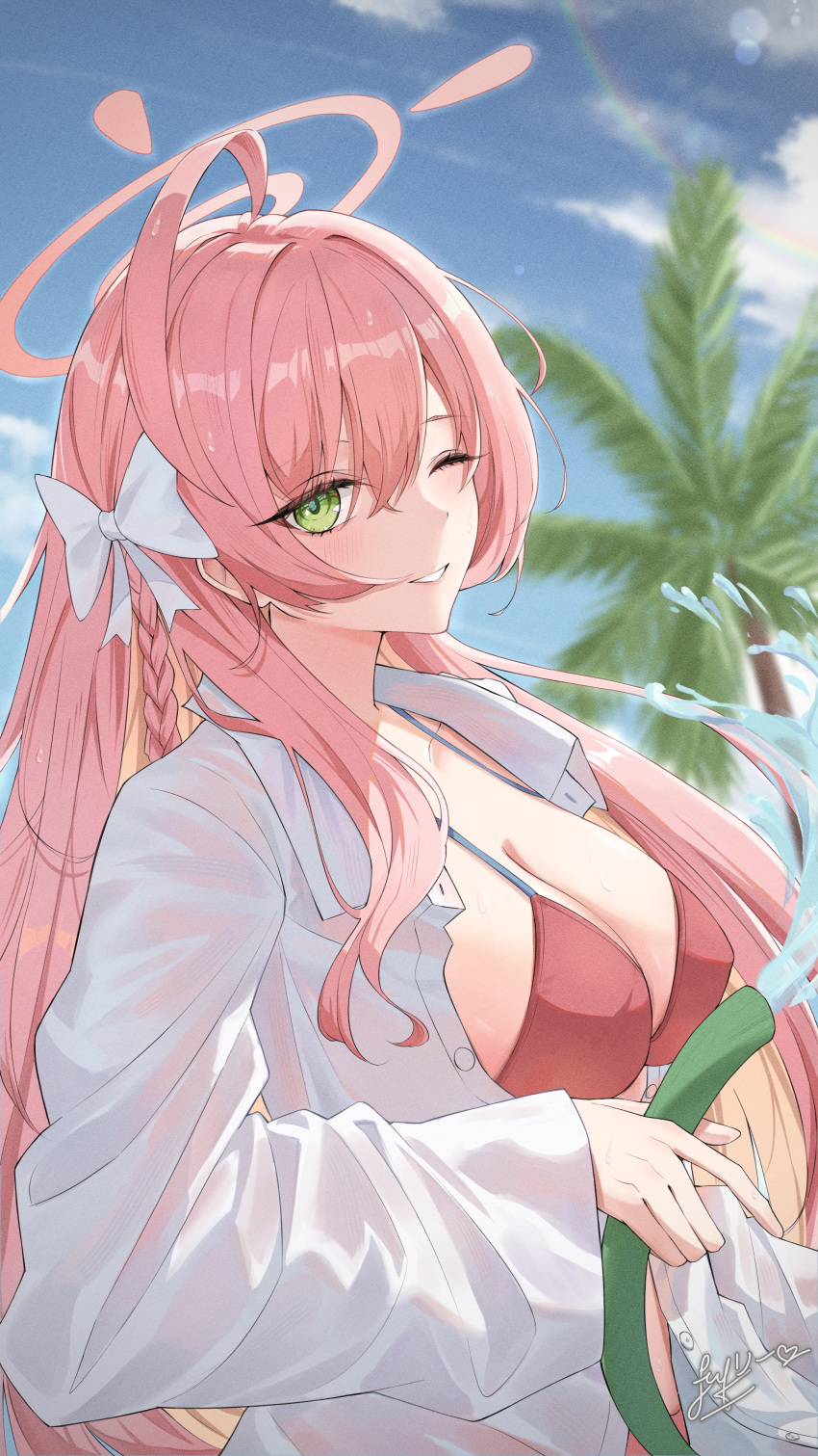 1girl ;d absurdres ahoge bikini blue_archive blush breasts cleavage collarbone halo hanako_(blue_archive) hanako_(swimsuit)_(blue_archive) highres huge_ahoge large_breasts long_braid long_hair looking_at_viewer one_eye_closed open_clothes open_shirt outdoors palm_tree pink_hair red_bikini shirt signature smile solo sweetberries_0498 swimsuit tree upper_body very_long_hair white_shirt