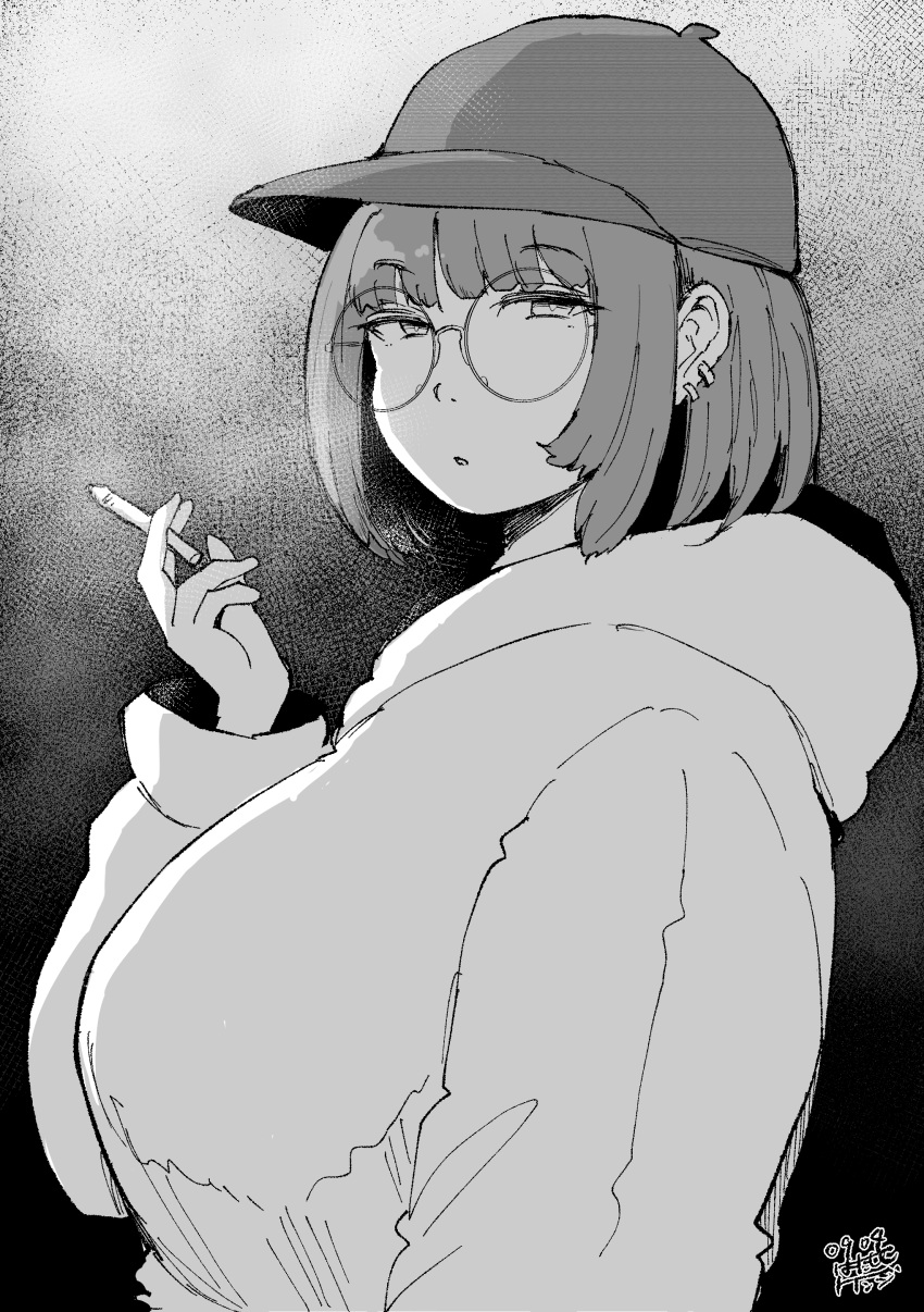 1girl absurdres cigarette dated ear_piercing glasses greyscale hadashi_no_kenji hat highres holding holding_cigarette hood hood_down hoodie looking_at_viewer medium_hair monochrome piercing solo tobacco white_hoodie