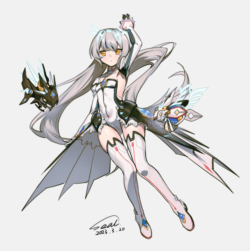 1girl 2023 airseal android arm_up black_gloves breasts closed_mouth code:_battle_seraph_(elsword) commentary covered_navel dated detached_collar detached_sleeves elsword eve_(elsword) facial_mark floating floating_hair floating_object forehead_jewel full_body gloves highres leotard long_hair looking_at_viewer moby_(elsword) remy_(elsword) robot simple_background small_breasts strapless strapless_leotard thighhighs very_long_hair white_background white_hair white_leotard white_thighhighs yellow_eyes
