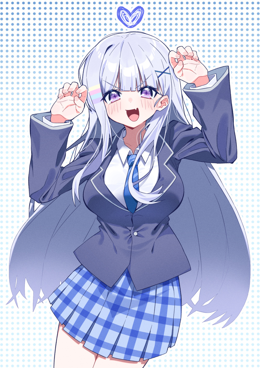 1girl :d absurdres arms_up ayatsuno_yuni blazer blue_necktie blue_skirt blush breasts character_request check_character collared_shirt commentary_request fang grey_hair grey_jacket hair_ornament heart highres jacket large_breasts long_hair long_sleeves looking_at_viewer necktie plaid plaid_skirt pleated_skirt polka_dot polka_dot_background purple_eyes shirt skirt smile solo stellive tosyeo v-shaped_eyebrows very_long_hair virtual_youtuber white_shirt x_hair_ornament