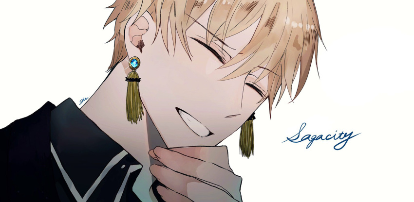 1boy blonde_hair closed_eyes collared_shirt commentary_request earrings facing_viewer fate/grand_order fate_(series) gilgamesh_(fate) hand_on_own_chin highres jewelry male_focus shirt short_hair shu_(oshigoto_boshuuchuu) simple_background smile teeth white_background