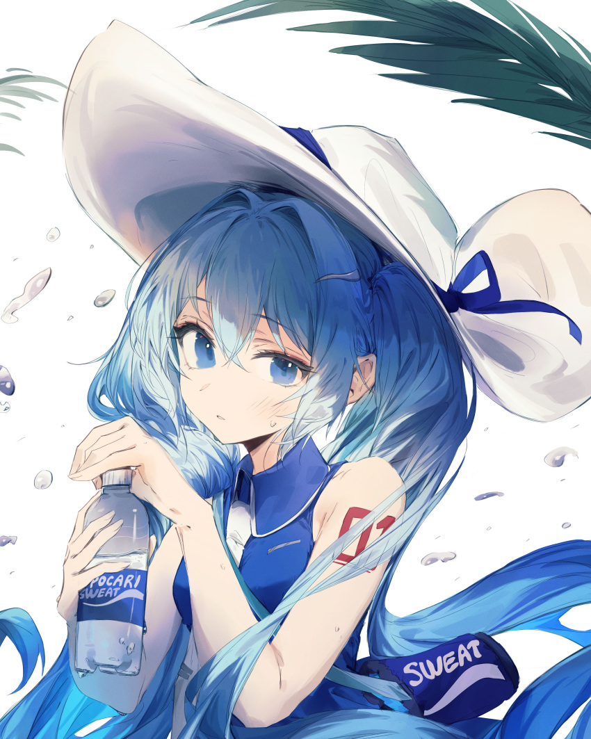 1girl absurdres air_bubble blue_eyes blue_hair blue_ribbon blue_shirt bottle breasts bubble collared_shirt commentary crossed_bangs hair_intakes hair_ornament hairclip hand_up hat hat_ribbon hatsune_miku highres holding holding_bottle long_hair looking_at_viewer medium_breasts mihoranran necktie number_tattoo pocari_sweat ribbon shirt simple_background sleeveless sleeveless_shirt solo sweat tattoo twintails upper_body very_long_hair vocaloid water_bottle white_background white_headwear white_necktie