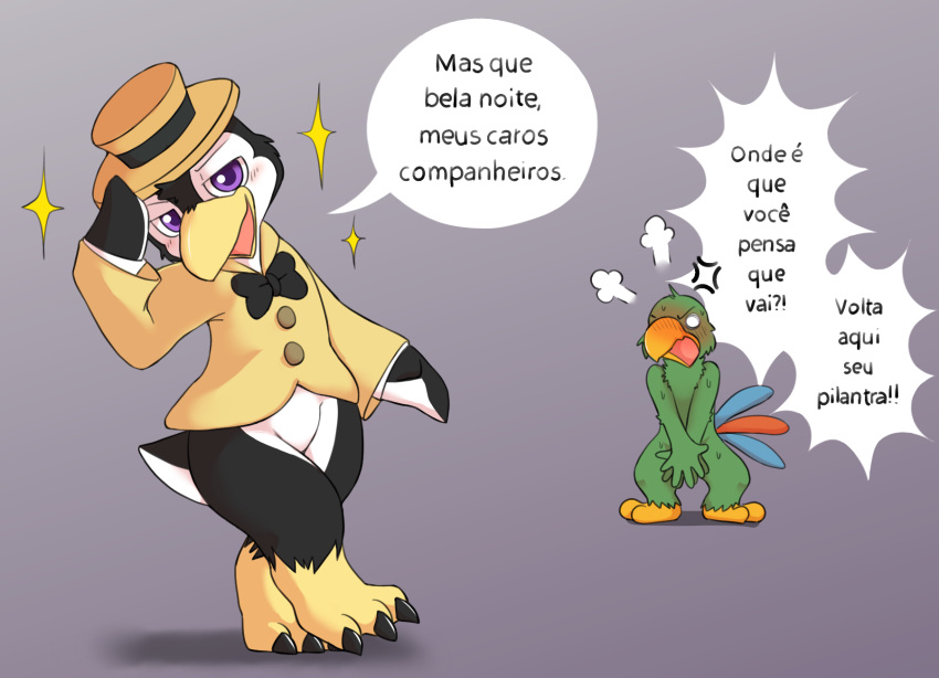 anthro avian bird blush bow_tie clothing clothing_theft disney duo hat headgear headwear hi_res jose_carioca levi_(miau) male miau nude parrot penguin portuguese_text stealing text translated