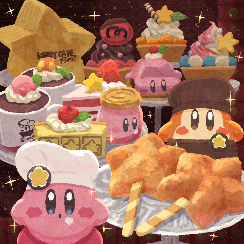 apron blue_eyes blush_stickers brown_apron brown_eyes brown_headwear cake car-mouth_cake chef_hat coffee coffee_cup commentary cup cupcake disposable_cup food food_focus food_on_face hat highres jar kirby kirby_(series) kirby_cafe looking_at_viewer miclot no_humans open_mouth pink_footwear plate shoes sparkle star_wand waddle_dee