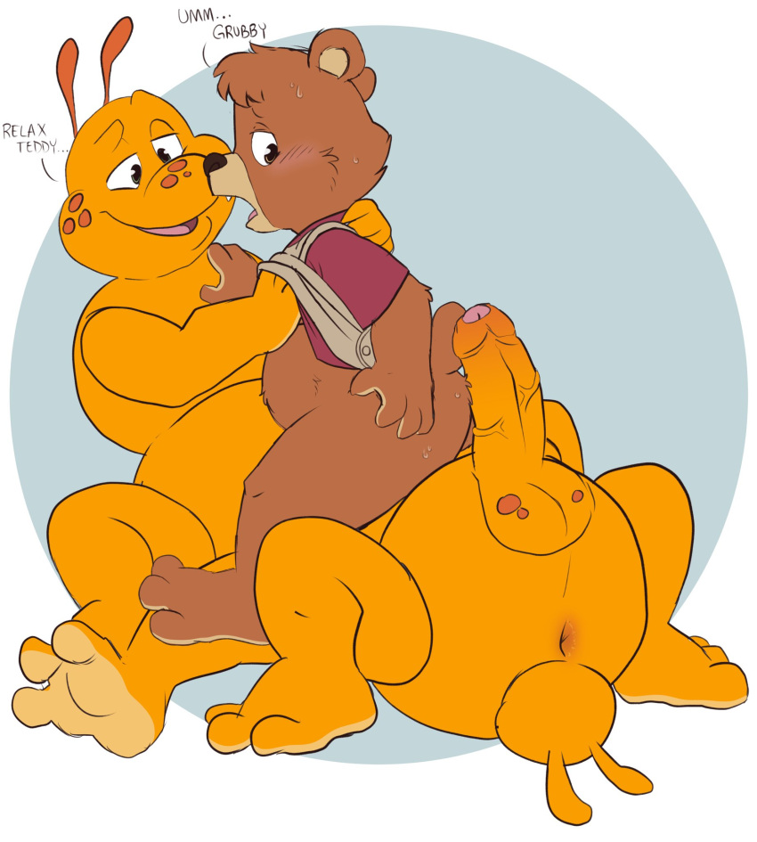anthro aroused balls belly blush bodily_fluids butt clothed clothing duo erection genitals grubby hi_res male male/male multi_limb raised_clothing raised_shirt raised_topwear shirt sweat tbid teddy_ruxpin teddy_ruxpin_(series) topwear