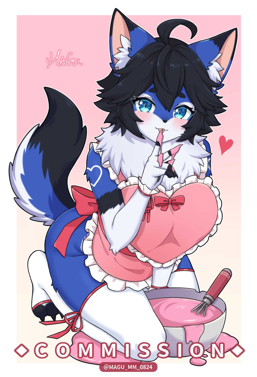 1girl absurdres animal_ears aqua_eyes black_hair blue_fur bowl commission fox_ears fox_girl fox_tail fur_trim furry furry_female heart heart_pillow highres maid mo_(k40633) multicolored_tail original pillow short_hair solo strawberry_milk tail twitter_username