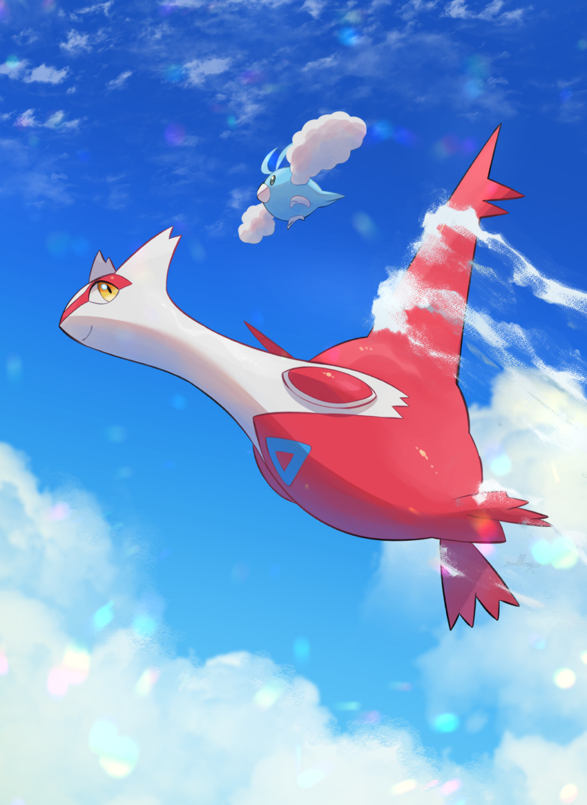 above_clouds absurdres bird closed_mouth cloud commentary_request day flying highres latias no_humans nullma outdoors pokemon pokemon_(creature) smile swablu yellow_eyes