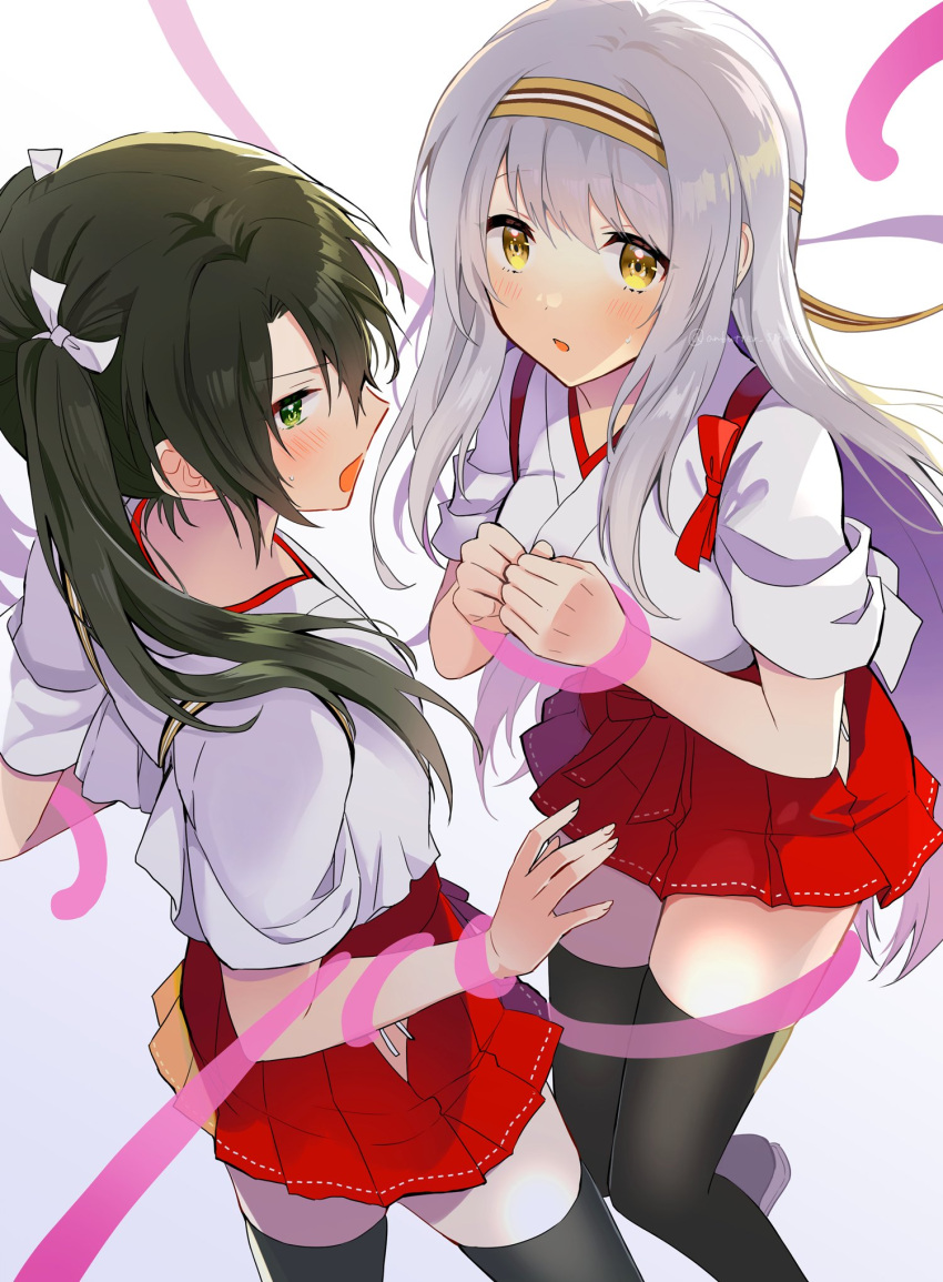 2girls anbutter_siruko black_thighhighs blush green_eyes green_hair grey_hair hair_between_eyes hair_ribbon hakama hakama_skirt headband highres japanese_clothes kantai_collection long_hair multiple_girls open_mouth red_hakama ribbon short_sleeves shoukaku_(kancolle) skirt tasuki tentacles thighhighs twintails twitter_username white_ribbon yellow_eyes zuikaku_(kancolle)