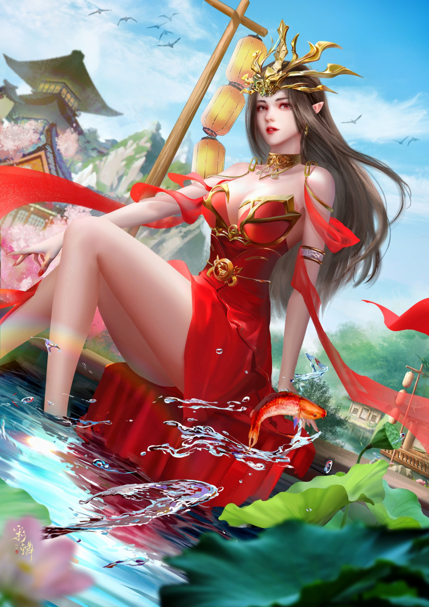 1girl absurdres bad_link bare_legs bare_shoulders bird blue_sky brown_hair building cai_lin_(doupo_cangqiong) chi_meng_wang_liang cloud doupo_cangqiong dress fish highres lantern lily_pad long_hair parted_lips red_dress red_eyes second-party_source sitting sky solo splashing teeth