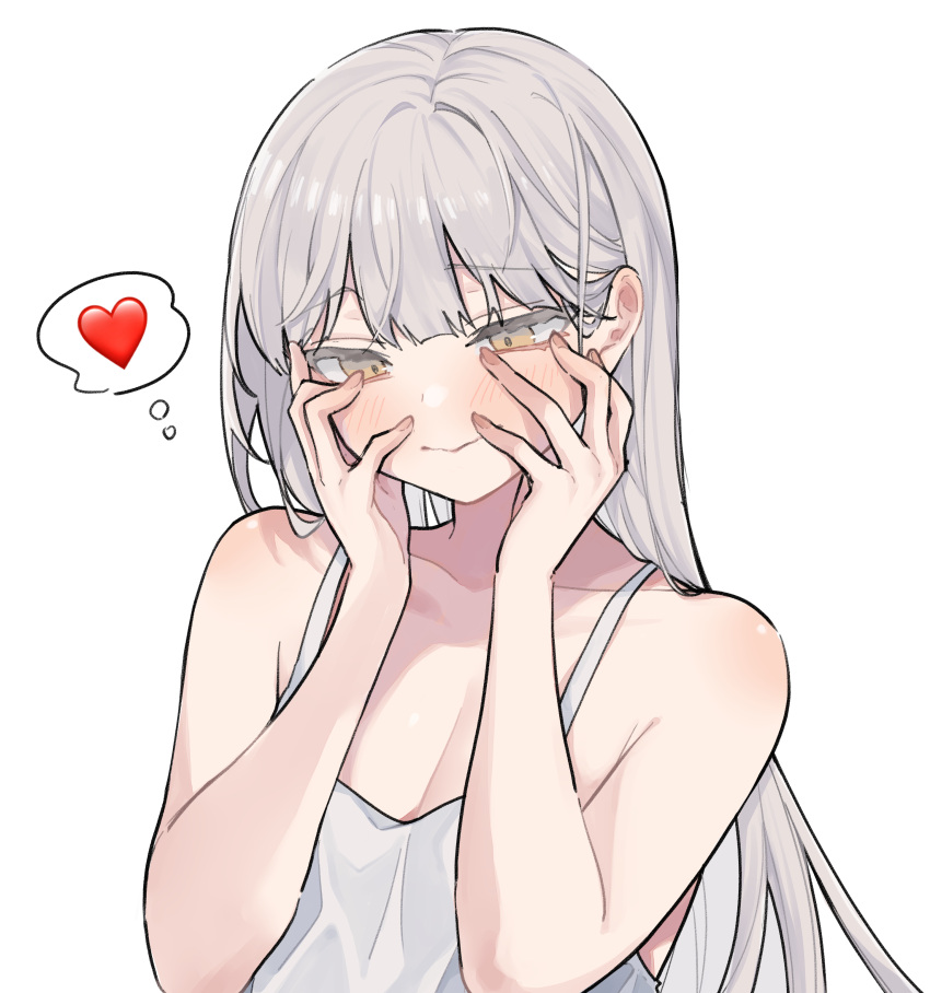 1girl absurdres bare_shoulders blush breasts brown_eyes camisole cleavage closed_mouth collarbone emoji facing_viewer grey_hair hands_on_own_cheeks hands_on_own_face heart highres long_hair looking_at_viewer looking_down mimelond original solo thinking_emoji thought_bubble upper_body white_camisole