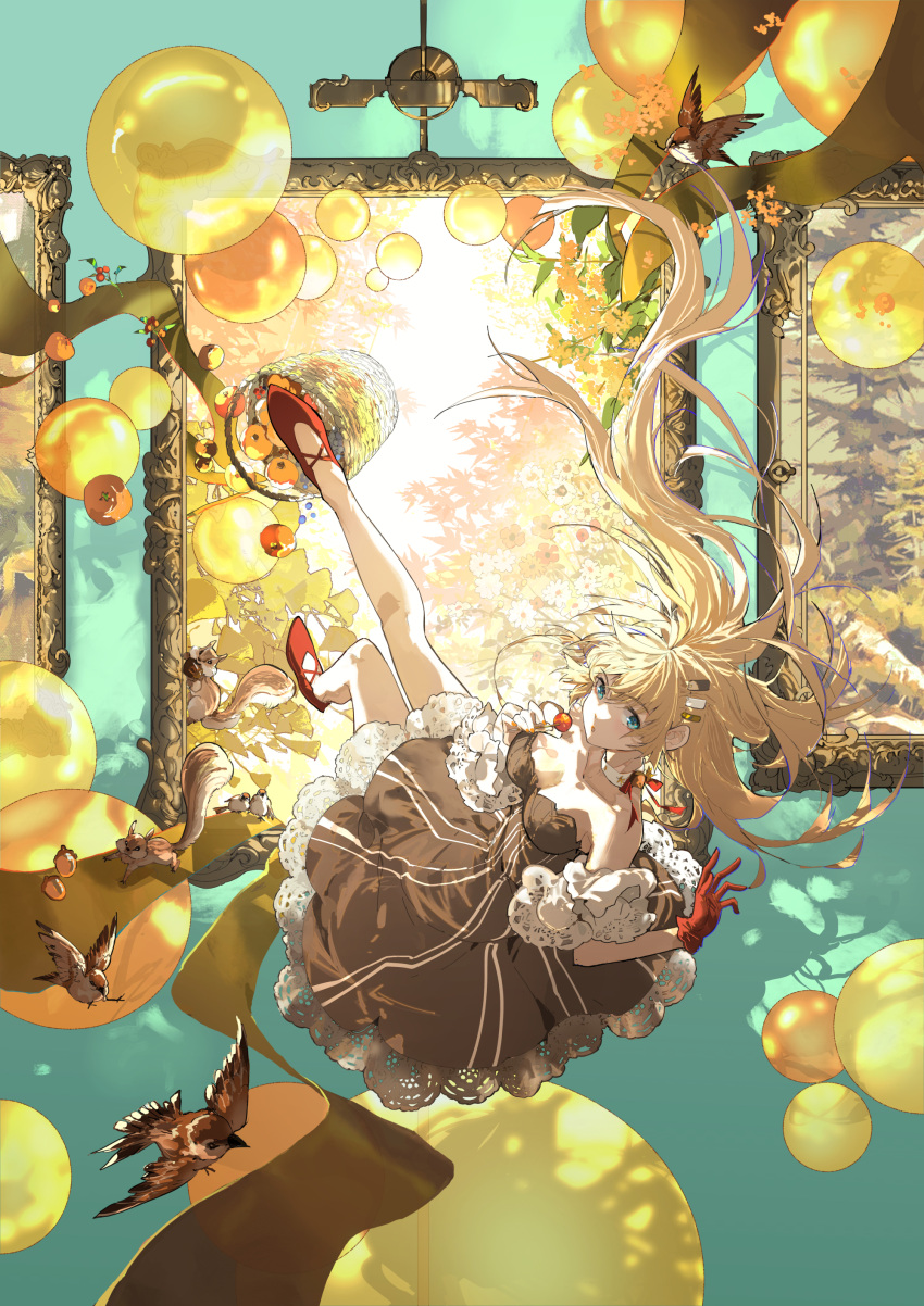 1girl absurdres acorn autumn bare_shoulders basket bird blonde_hair blue_eyes breasts brown_dress bubble cleavage dress food fruit gloves highres lace-trimmed_dress lace_trim ming_qi_bibi orange_(fruit) orange_nails original picture_frame red_footwear red_gloves solo squirrel tree