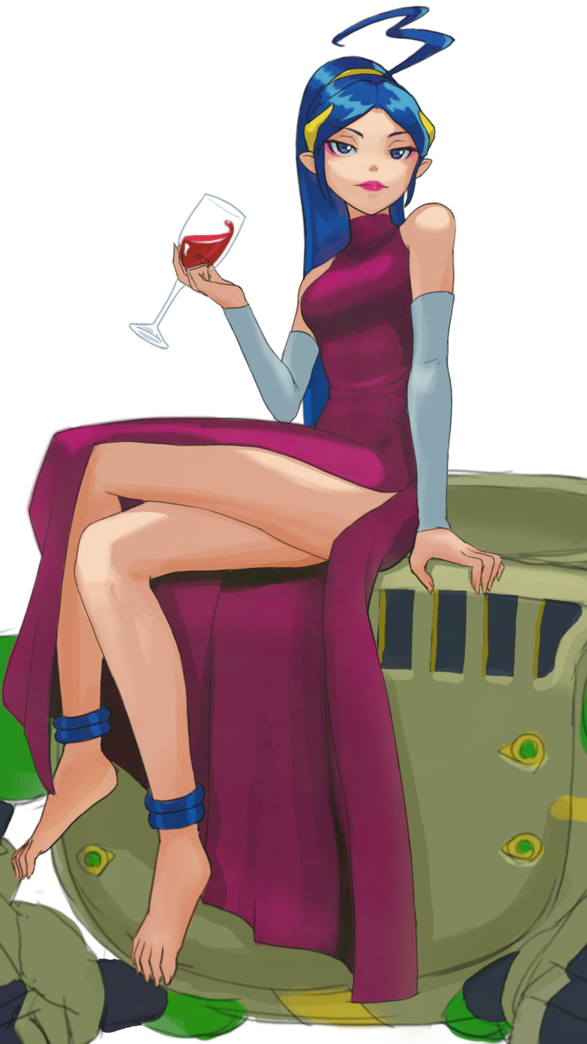 absurdres barefoot blue_eyes blue_hair breasts breath_of_fire breath_of_fire_iv closed_mouth cup deis detached_sleeves dress drinking_glass ershin eyeshadow feet full_body gurata highres lipstick long_hair looking_at_viewer makeup ponytail simple_background sitting smoking_pipe very_long_hair white_background wine_glass