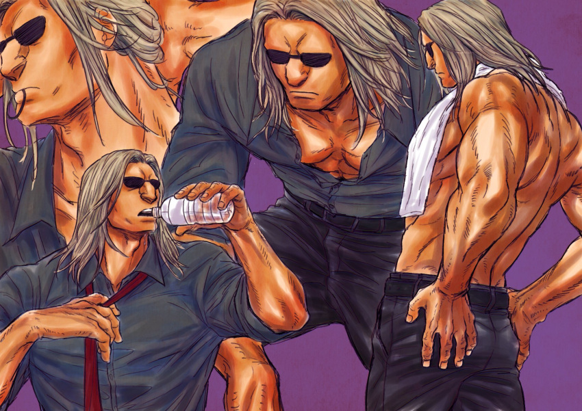 1boy adjusting_clothes adjusting_necktie bara big_nose drinking feet_out_of_frame highres hunter_x_hunter long_hair male_focus morel_mackernasey multiple_views muscular muscular_male necktie nkwtsrsk_hh partially_unbuttoned pectoral_cleavage pectorals revision shirt sunglasses topless_male towel towel_around_neck tying_hair wrinkled_skin