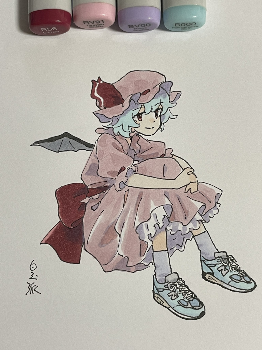 alternate_footwear arms_on_knees art_tools_in_frame bat_wings blue_footwear blue_hair dress frilled_dress frills hat hat_ribbon highres mob_cap pink_headwear red_eyes red_ribbon remilia_scarlet ribbon shiratama_(hockey) shoes short_hair sitting smile sneakers touhou traditional_media translated wings