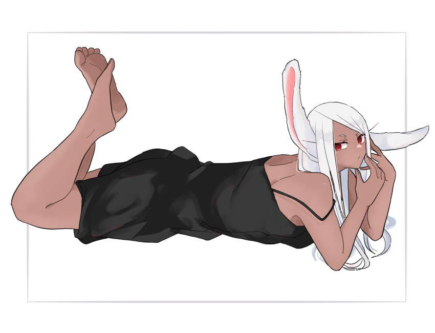 1girl :/ animal_ears bare_shoulders barefoot black_nightgown boku_no_hero_academia dark-skinned_female dark_skin feet feet_up full_body hand_on_own_face highres legs legs_up long_eyelashes long_hair looking_at_viewer lying mirko mmsb_551 nightgown off_shoulder on_stomach rabbit_ears rabbit_girl red_eyes soles solo swept_bangs the_pose toes white_hair