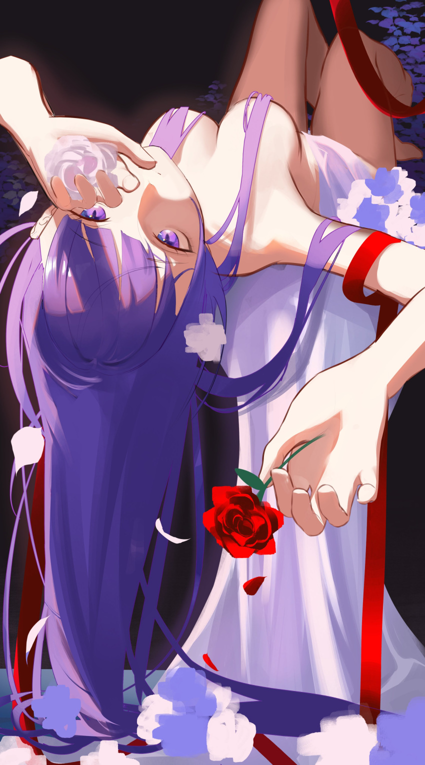 1girl absurdres blunt_bangs breasts cherrymaru closed_mouth covered_nipples expressionless falling_petals flower genshin_impact highres holding holding_flower knees_up large_breasts long_hair looking_at_viewer lying on_back petals purple_eyes purple_hair raiden_shogun red_flower red_petals red_ribbon red_rose ribbon rose solo white_flower white_rose