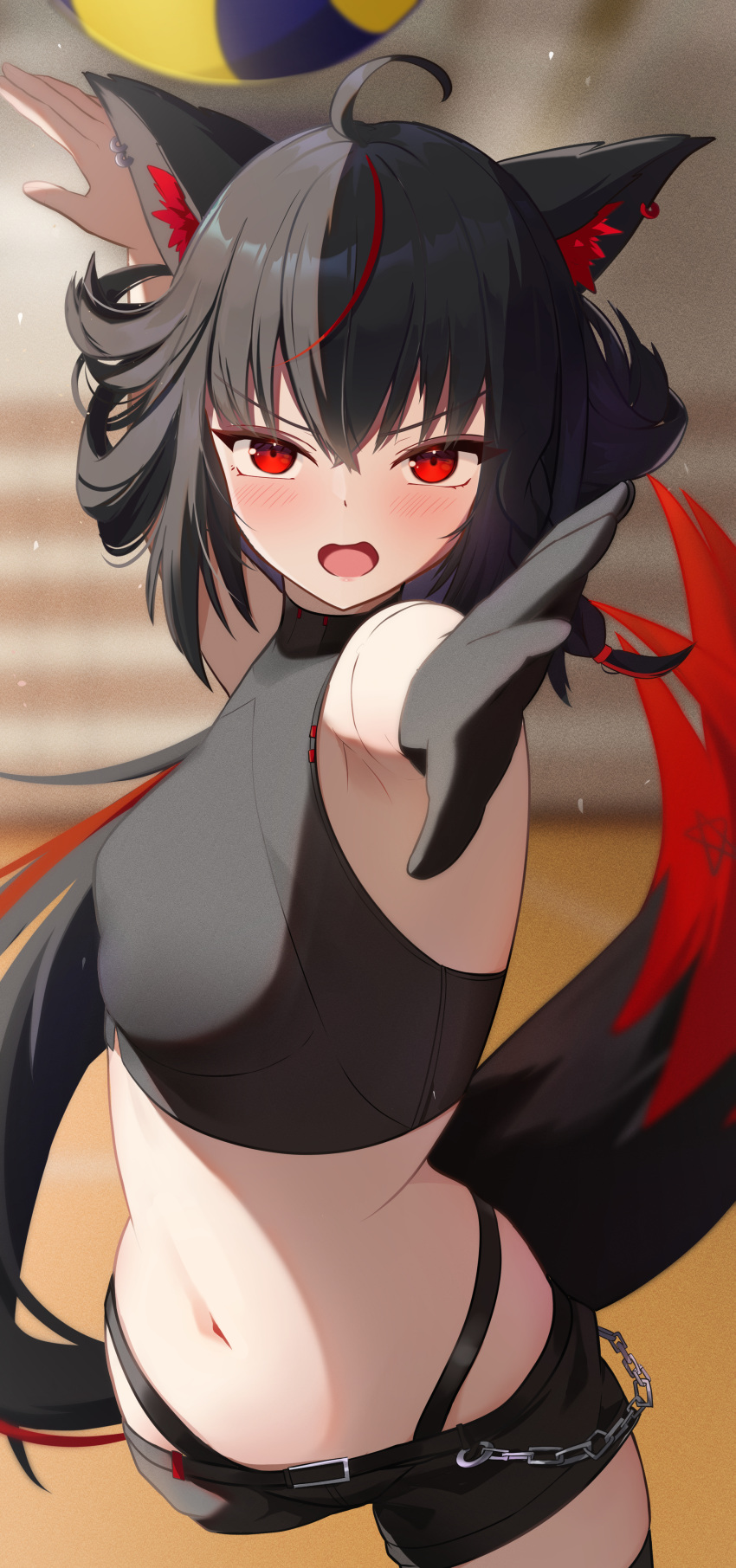 1girl absurdres ahoge akuame_(ring3922) animal_ear_fluff animal_ears black_gloves black_hair black_panties black_shirt black_shorts blurry blurry_background blush braid commentary_request crop_top earrings fox_ears fox_girl fox_tail gloves hair_between_eyes highleg highleg_panties highres hololive jewelry kurokami_fubuki long_hair looking_at_viewer multicolored_hair open_mouth outstretched_arm panties red_eyes red_hair shirt short_shorts shorts sidelocks single_braid single_glove sleeveless sleeveless_shirt solo streaked_hair tail underwear virtual_youtuber volleyball
