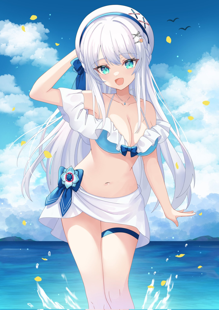 1girl alternate_costume beret blue_eyes blush breasts cleavage cloud commentary_request commission grey_hair hair_ornament hairclip hat highres indie_virtual_youtuber karijo looking_at_viewer medium_breasts nagino_mashiro ocean petals ribbon sky swimsuit virtual_youtuber