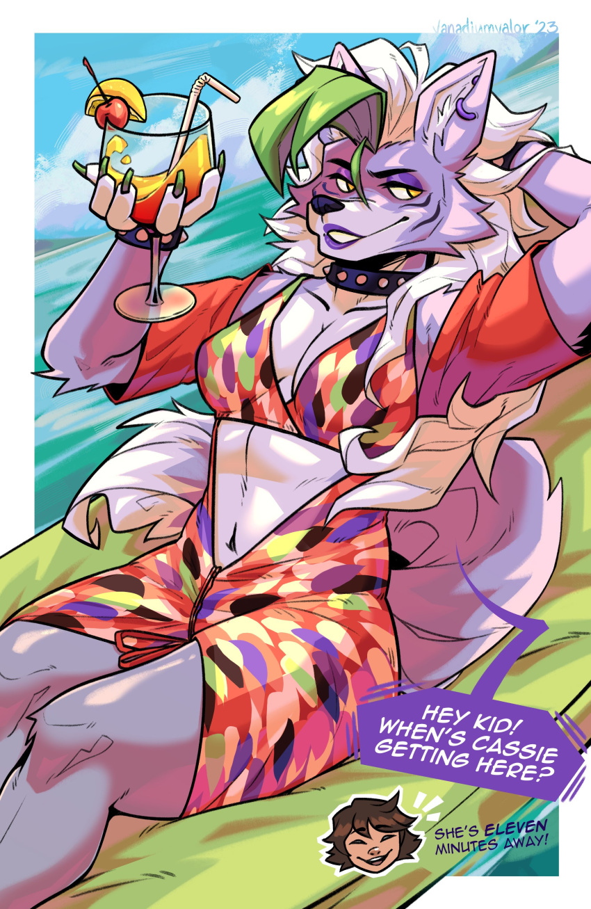 2023 absurd_res alcohol anthro anthro_focus beach beverage bikini bikini_top bracelet breasts canid canine canis cherry claws cleavage clothed clothing collar container cup day dialogue dress duo ear_piercing ear_ring english_text eyebrows eyeshadow female female_focus five_nights_at_freddy's five_nights_at_freddy's:_security_breach food fruit fur glass glass_container glass_cup gregory_(fnaf) hair hand_behind_head hi_res holding_beverage holding_container holding_cup holding_object human jewelry lemon lips lipstick long_hair makeup male mammal navel outside piercing plant ring_piercing roxanne_wolf_(fnaf) scottgames seaside sitting smile solo_focus spiked_bracelet spiked_collar spikes steel_wool_studios straw swimwear text tuft unzipped vanadiumvalor water wolf zipper