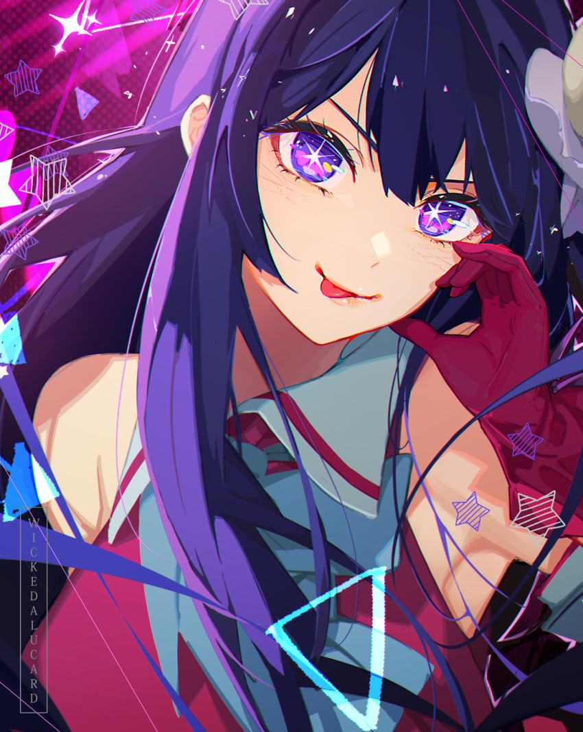 1girl artist_name ascot blue_ascot blush collared_dress commentary detached_sleeves dress gloves hair_between_eyes hair_ornament half-heart_hands highres hoshino_ai_(oshi_no_ko) ian_olympia idol idol_clothes long_hair looking_at_viewer multicolored_eyes oshi_no_ko pink_dress pink_eyes pink_gloves purple_eyes purple_hair sidelocks sleeveless sleeveless_dress smile solo star-shaped_pupils star_(symbol) symbol-shaped_pupils tongue tongue_out upper_body