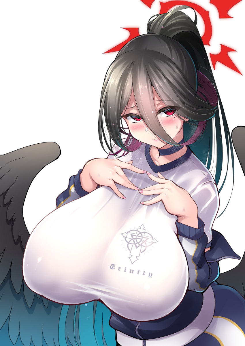 1girl absurdres black_hair black_wings blue_archive blush breasts c.r. commentary_request feathered_wings hair_between_eyes hands_on_own_chest hasumi_(blue_archive) hasumi_(track)_(blue_archive) high_ponytail highres huge_breasts jacket long_sleeves mole mole_under_eye off_shoulder red_hair shirt simple_background solo t-shirt upper_body white_background white_shirt wings