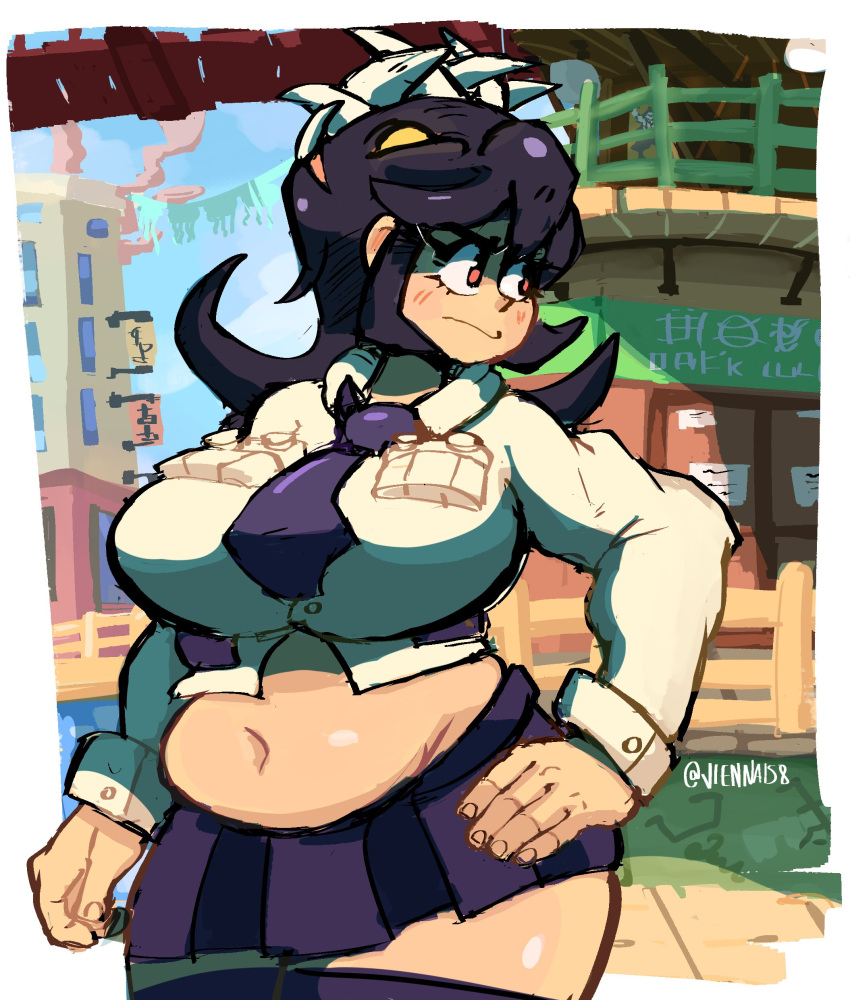 1girl absurdres breasts building filia_(skullgirls) hand_on_own_hip highres plump pocket red_eyes samson_(skullgirls) shirt skirt skullgirls solo standing stomach thighs viennais8 wide_hips